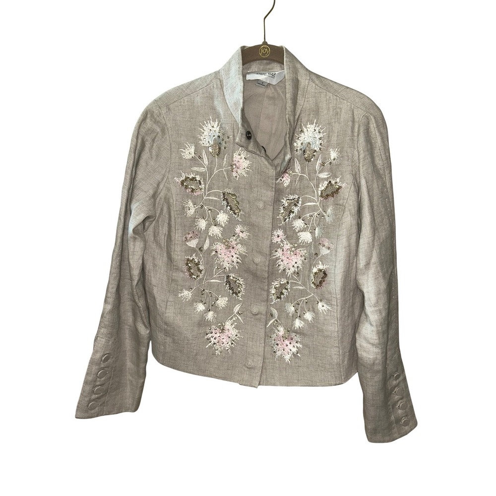 Per Se by Carlisle Beige Linen Floral Embroidered Sequin Jacket Size 4